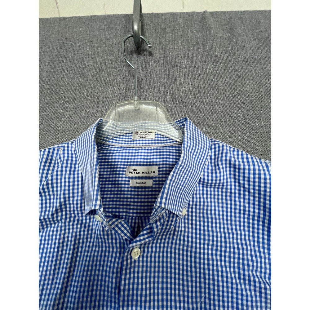 Peter Millar Crown Soft Gingham Shirt Blue White Cotton Silk Mens XXL 2XL